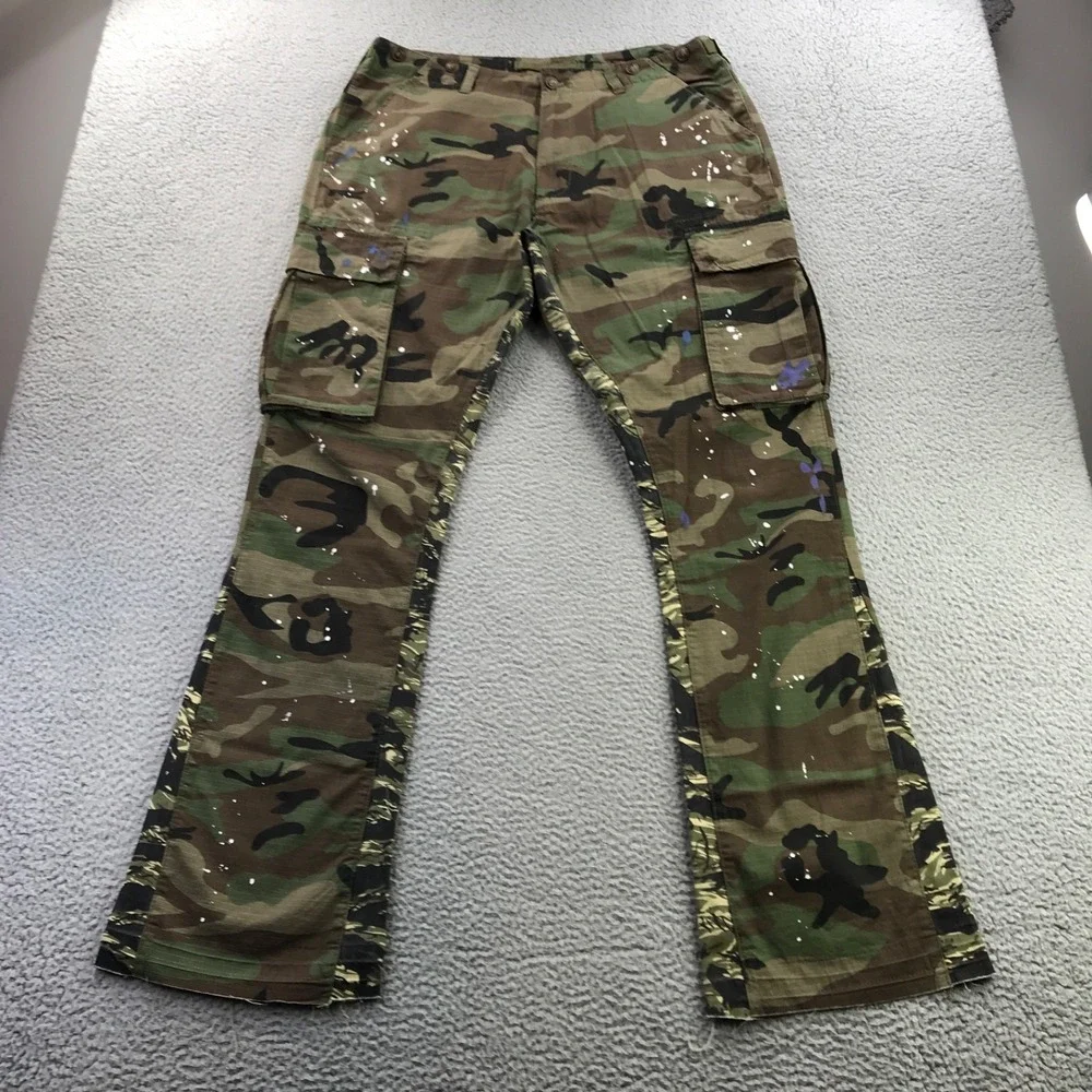 Mnml Pant Men 38x36 Green Cargo Bootcut Flare Paint Splatter Military Stacked